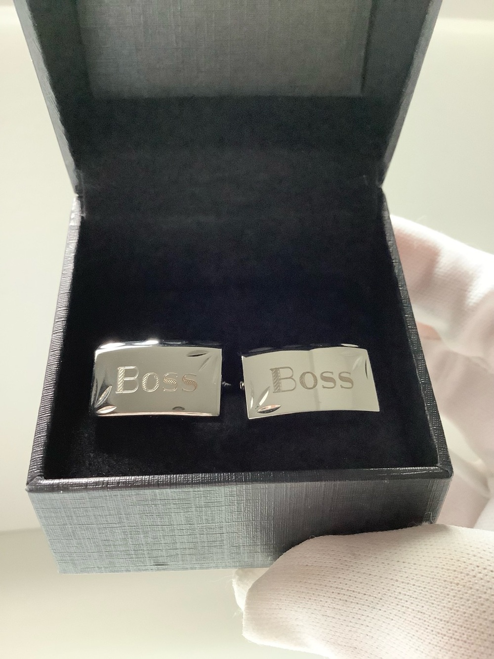 Boss Silver Rectangular Engraved Cufflinks - Picture 7 of 8